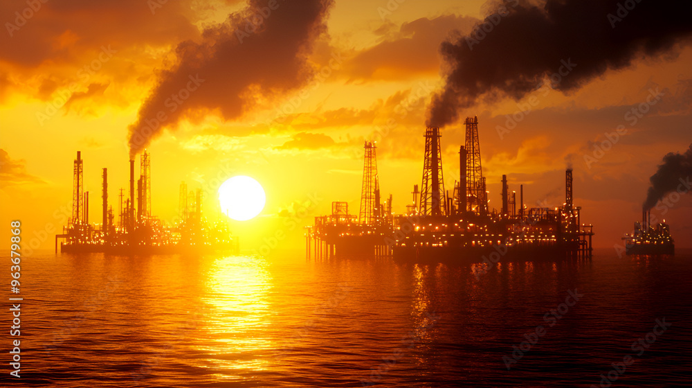 A dramatic sunset over oil rigs, showcasing the industrial landscape and its reflection on the water, symbolizing energy production. A dramatic sunset over oil rigs, showcasing the industrial landscape and its reflection on the water, symbolizing energy production.