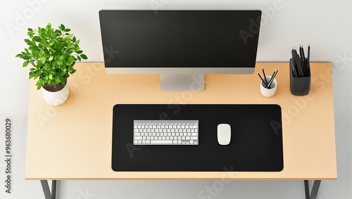 Horizontal image of a modern workplace featuring a smartphone, laptop, and desktop computer on a white table.