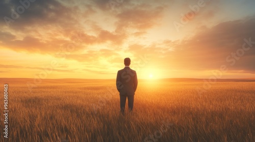 Illustration of a businessman standing in a field at sunrise. Concept of a businessman ready to embrace new opportunities.