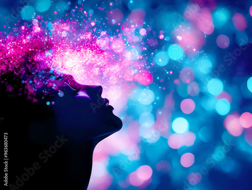 A mesmerizing silhouette of a woman with a cosmic explosion of colors, representing creativity and imagination.