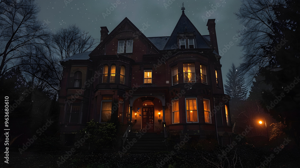 Spooky haunted mansion with eerie lights flickering in the night, creating a ghostly atmosphere. Spooky haunted mansion with eerie lights flickering in the night, creating a ghostly atmosphere.