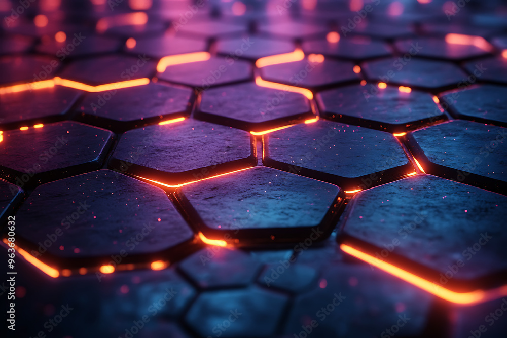 Futuristic hexagonal grid pattern with a vibrant neon glow, ideal for sci-fi themes, technology visuals, and modern digital designs.	
