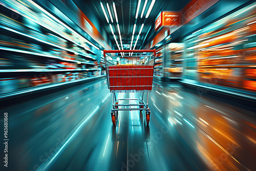 Empty Shopping Cart in Motion with Blurred Supermarket Background