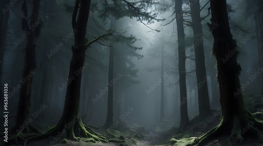 Naklejka premium Mysterious forest with a moonlit path fog and a Halloween backdrop hint, Dark, Horror, Unsettling, Eerie