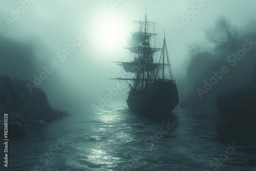 Eerie pirate ships navigating through foggy waters. Generative AI photo