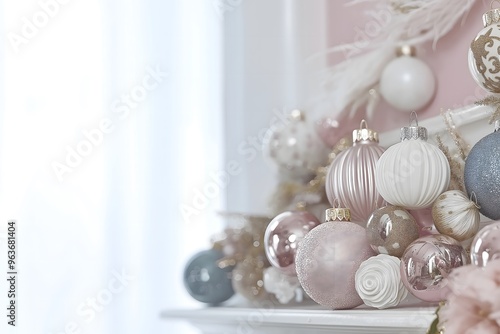 A close-up of Christmas elements in pink tones featuring ornaments and bells on a Christmas tree, perfect for a Christmas-themed wallpaper.