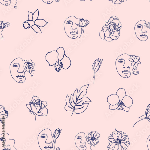 Woman face Continuous line seamless pattern. Abstract Female portrait with flowers. Drawing vector Wallpaper, fabric, wrapping paper, card, poster