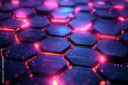 Futuristic hexagonal grid pattern with a vibrant neon glow, ideal for sci-fi themes, technology visuals, and modern digital designs.
