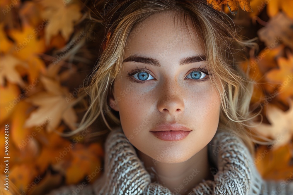 Radiant autumn beauty closeup portrait of a joyful woman surrounded by colorful leaves Radiant autumn beauty closeup portrait of a joyful woman surrounded by colorful leaves