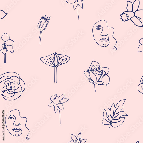 Woman face Continuous line seamless pattern. Abstract Female portrait with flowers. Drawing vector Wallpaper, fabric, wrapping paper, card, poster