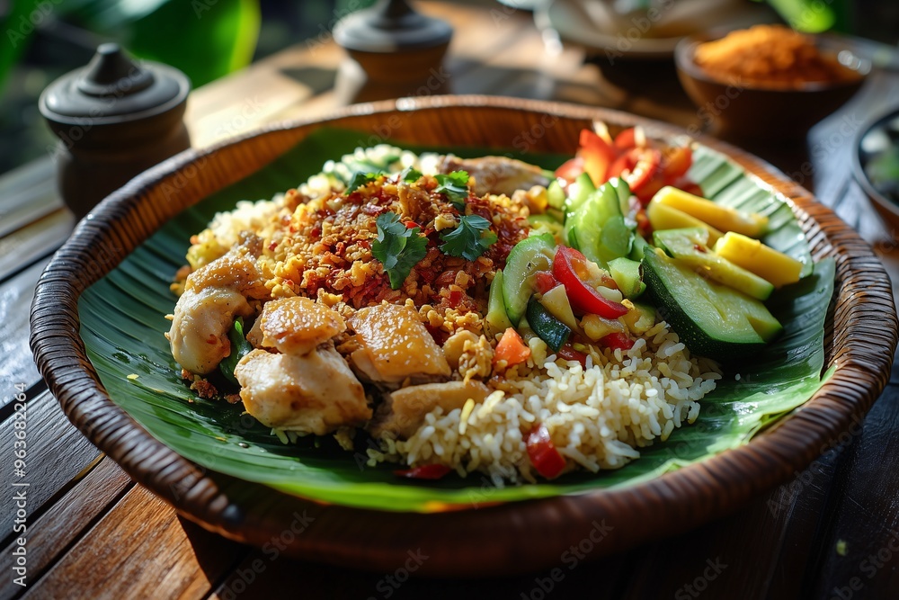 Delicious Chicken Rice with Fresh Vegetables on a Banana Leaf – Traditional Asian Cuisine Delicious Chicken Rice with Fresh Vegetables on a Banana Leaf – Traditional Asian Cuisine