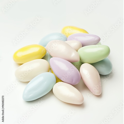 Colorful almond-shaped candies in pastel shades on a white background.