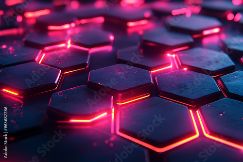 Futuristic hexagonal grid pattern with a vibrant neon glow, ideal for sci-fi themes, technology visuals, and modern digital designs. 