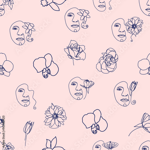 Woman face Continuous line seamless pattern. Abstract Female portrait with flowers. Drawing vector Wallpaper, fabric, wrapping paper, card, poster