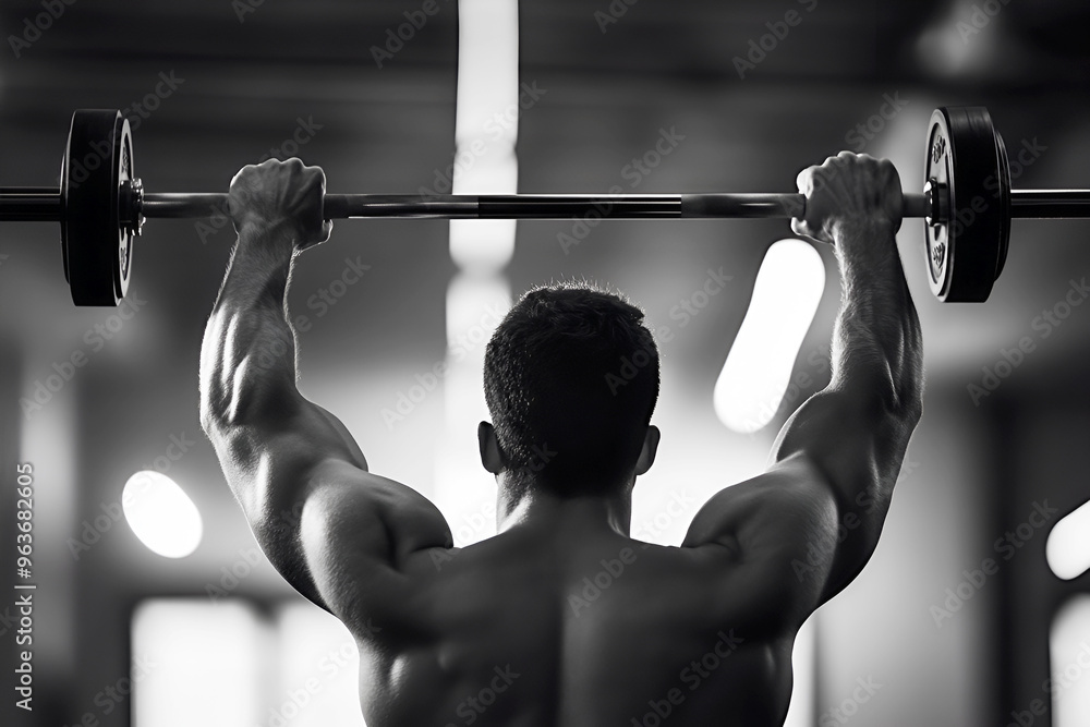 Fototapeta premium A strong individual performing an overhead lift with a barbell in a gym. Captured in a striking black and white style.