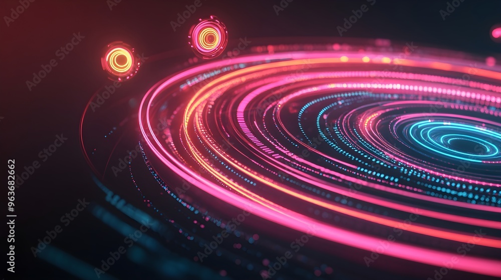 Abstract Neon Circles Background, Futuristic Tech Design Abstract Neon Circles Background, Futuristic Tech Design