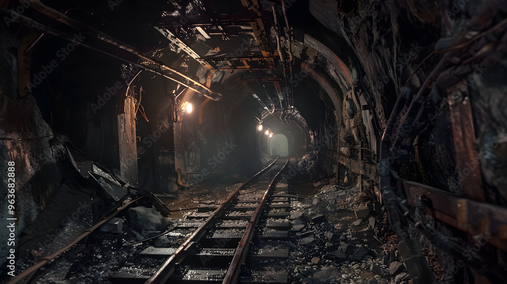 Spooky mine shaft filled with ghostly figures of miners trapped inside, deep underground. Spooky mine shaft filled with ghostly figures of miners trapped inside, deep underground.