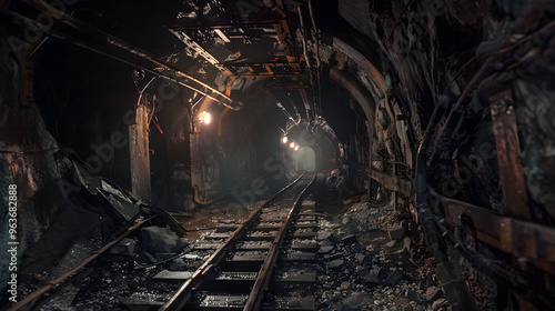 Spooky mine shaft filled with ghostly figures of miners trapped inside, deep underground.