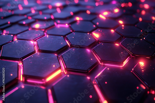 Futuristic hexagonal grid pattern with a vibrant neon glow, ideal for sci-fi themes, technology visuals, and modern digital designs.
