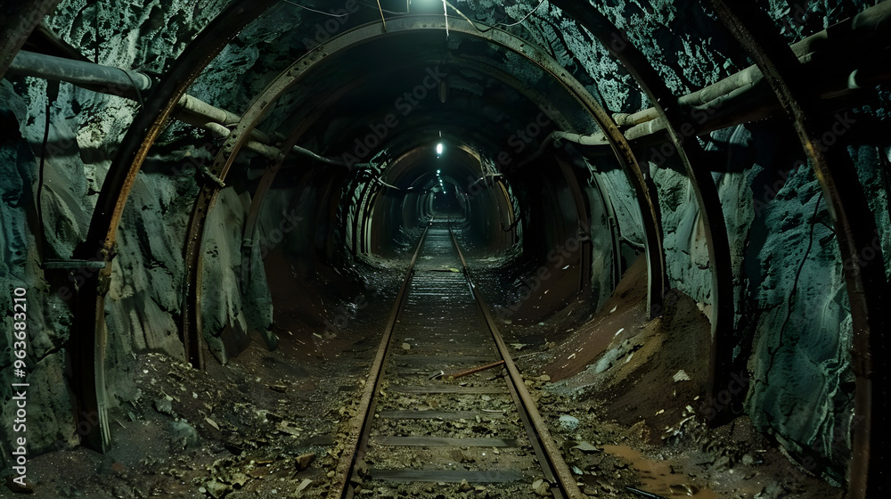 Naklejka premium Abandoned mine shaft with eerie ghosts haunting the dark tunnels, whispers fill the empty spaces.