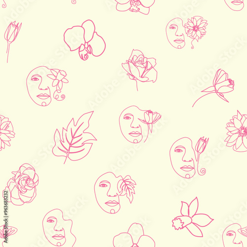 Woman face Continuous line seamless pattern. Abstract Female portrait with flowers. Drawing vector Wallpaper, fabric, wrapping paper, card, poster