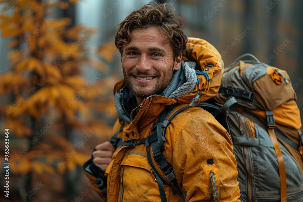 Cheerful man with backpack closes car trunk amidst the vibrant colors of autumn season Cheerful man with backpack closes car trunk amidst the vibrant colors of autumn season