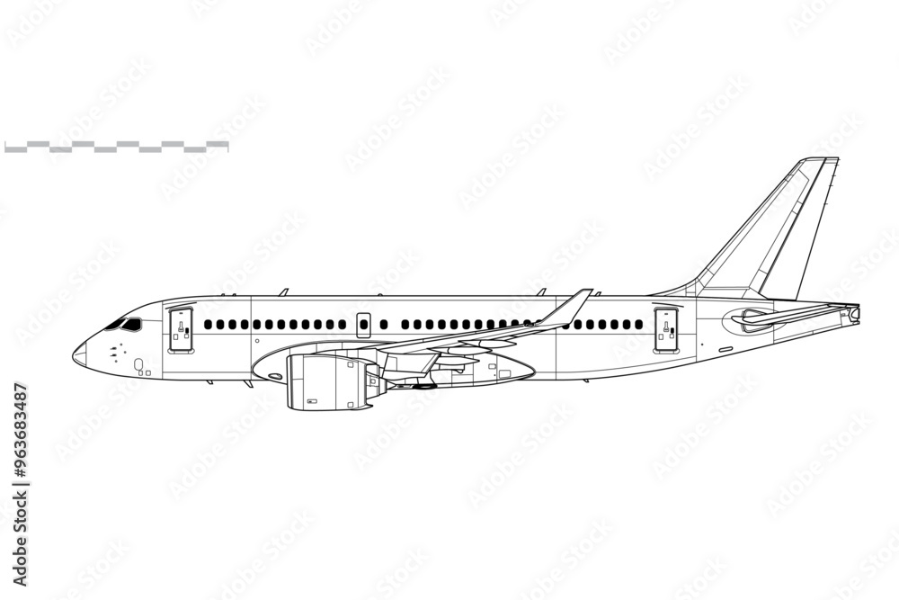Bombardier CS100. Airbus 220. Vector drawing of short-range, passenger jet airliner. Side view. Image for illustration and infographics. Bombardier CS100. Airbus 220. Vector drawing of short-range, passenger jet airliner. Side view. Image for illustration and infographics.