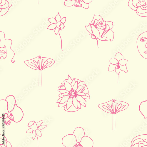 Woman face Continuous line seamless pattern. Abstract Female portrait with flowers. Drawing vector Wallpaper, fabric, wrapping paper, card, poster