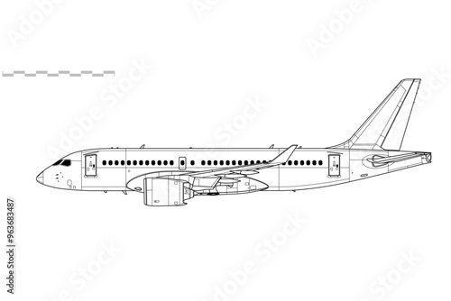 Bombardier CS100. Airbus 220. Vector drawing of short-range, passenger jet airliner. Side view. Image for illustration and infographics.