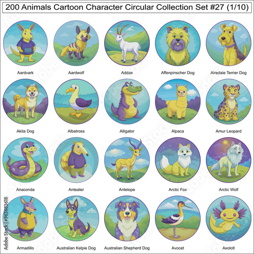 Animals Cartoon Character Circular Collection Set of 200 Isolated Animals Part 1