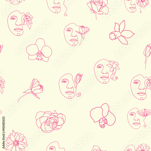 Woman face Continuous line seamless pattern. Abstract Female portrait with flowers. Drawing vector Wallpaper, fabric, wrapping paper, card, poster