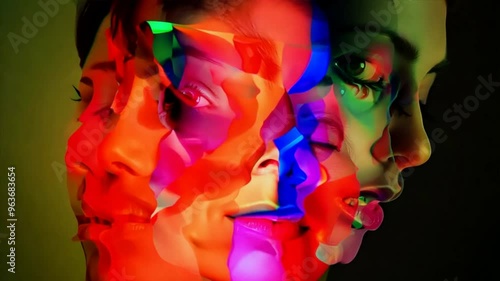 Multiple fictional faces in profile that intersect, muliple personalities in bright colors, chizophrenia, dissociative disorder or splitting in borderline concept.
