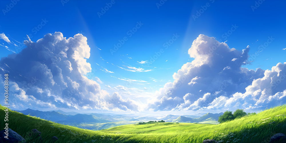 Fototapeta premium A vibrant landscape featuring lush greenery and a bright, blue sky adorned with fluffy clouds, perfect for nature themes.