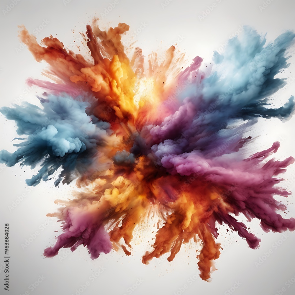 Fototapeta premium Colorful explosion of colored powder on white background, abstract colorful burst and smoke Creating a Dynamic and Stunning in white background