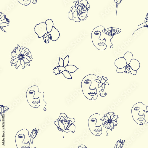 Woman face Continuous line seamless pattern. Abstract Female portrait with flowers. Drawing vector Wallpaper, fabric, wrapping paper, card, poster