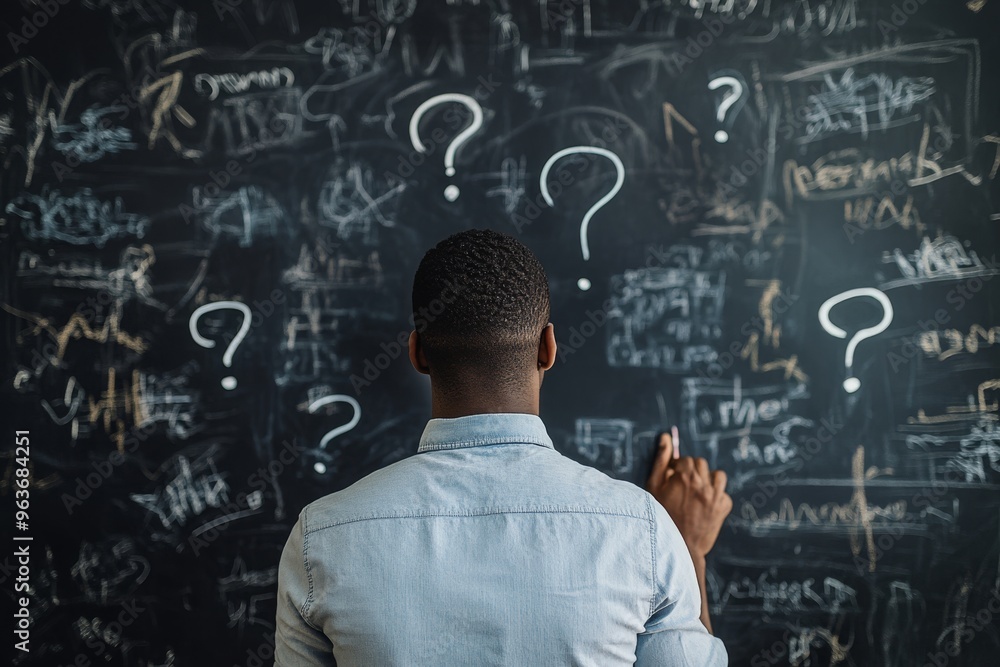 A man stands in front of a chaotic blackboard filled with question marks and scribbles, reflecting on his business strategy and the challenges ahead in his entrepreneurial journey to success A man stands in front of a chaotic blackboard filled with question marks and scribbles, reflecting on his business strategy and the challenges ahead in his entrepreneurial journey to success