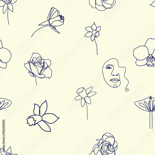 Woman face Continuous line seamless pattern. Abstract Female portrait with flowers. Drawing vector Wallpaper, fabric, wrapping paper, card, poster