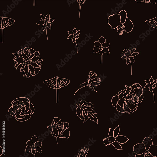 Woman face Continuous line seamless pattern. Abstract Female portrait with flowers. Drawing vector Wallpaper, fabric, wrapping paper, card, poster