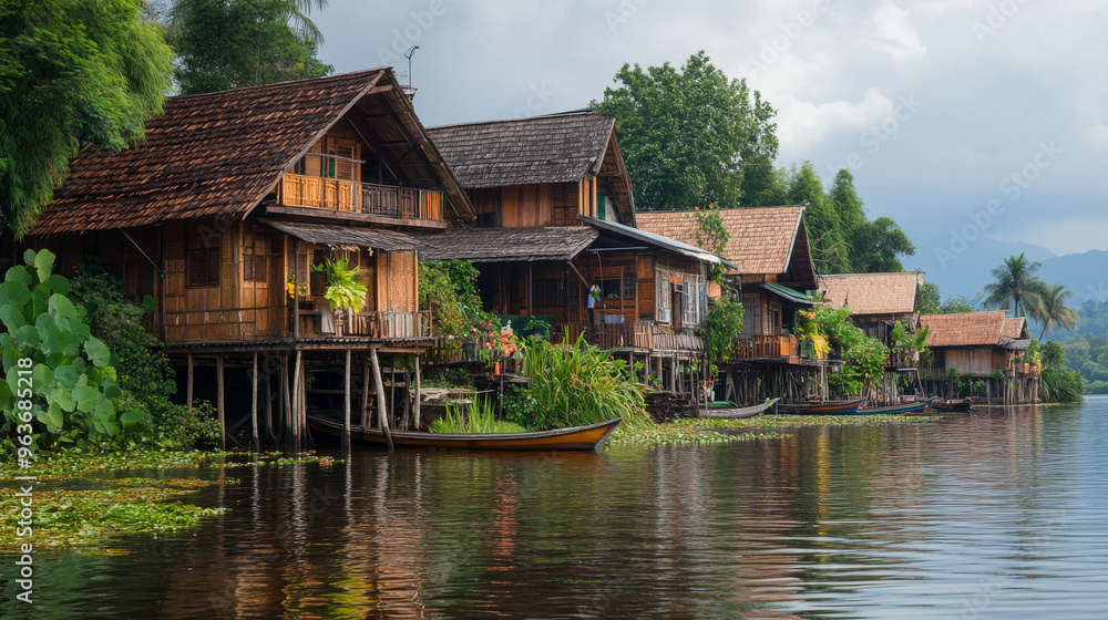 Water Village Serenity: A picturesque row of traditional wooden houses on stilts, nestled along a tranquil lake, evokes a sense of peace and tranquility in this serene, idyllic landscape. The lush gre Water Village Serenity: A picturesque row of traditional wooden houses on stilts, nestled along a tranquil lake, evokes a sense of peace and tranquility in this serene, idyllic landscape. The lush gre