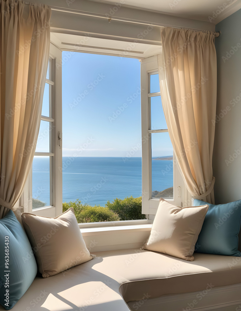 A cozy room with a large window overlooking the ocean. A cozy room with a large window overlooking the ocean.