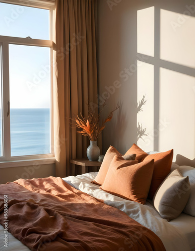 A cozy bedroom with a large window overlooking the ocean. The room has a warm, earthy color palette with brown curtains, a plush bed with beige bedding, and decorative pillows photo