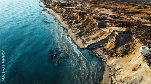 Aerial shot of eroded coastlines due to unchecked human development and rising sea levels. photo