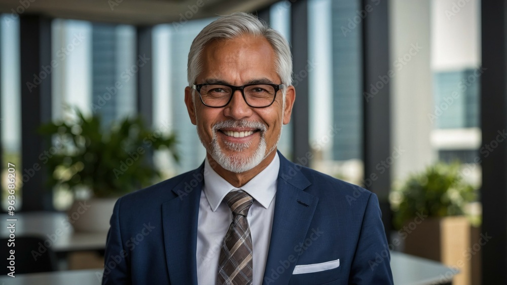 A confident senior businessman wearing glasses and a suit smiles in a modern office environment with large windows and plants.
A confident senior businessman wearing glasses and a suit smiles in a modern office environment with large windows and plants.