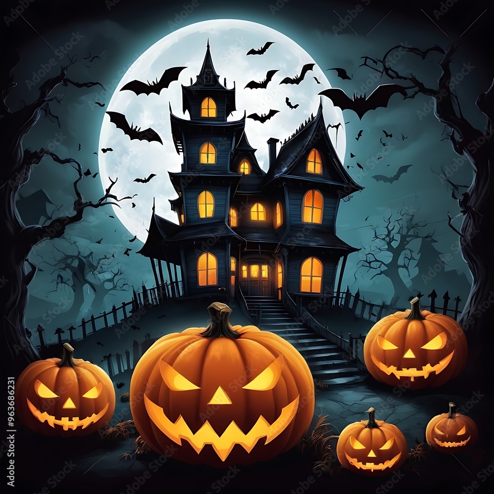 Evil pumpkins Halloween Night Scene with Bats and Haunted House, Halloween haunted mansion Halloween scary scene, Halloween house, Halloween night scene with castle Evil pumpkins Halloween Night Scene with Bats and Haunted House, Halloween haunted mansion Halloween scary scene, Halloween house, Halloween night scene with castle