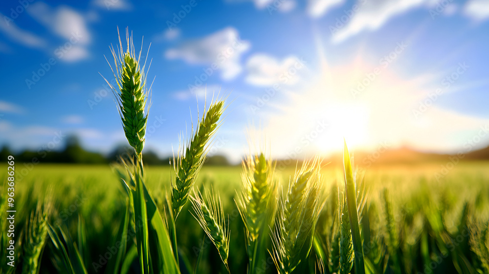 Obraz premium Golden wheat stalks illuminated by sunlight against a blue sky, embodying the essence of nature's beauty and agricultural growth.