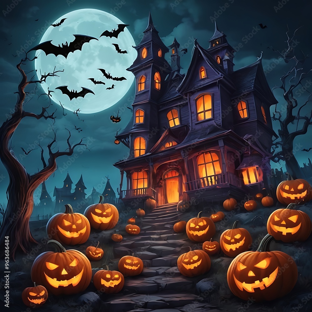 Fototapeta premium Evil pumpkins Halloween Night Scene with Bats and Haunted House, Halloween haunted mansion Halloween scary scene, Halloween house, Halloween night scene with castle