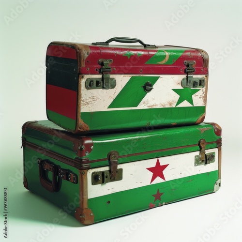 Suitcases adorned with Algeria flag designs against a pristine white background, idealizing Algeria photo