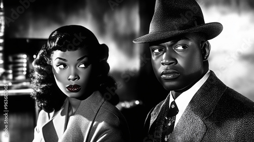 A stylish Black man and woman exchange intense, suspicious glances in a classic 1940s film noir scene.