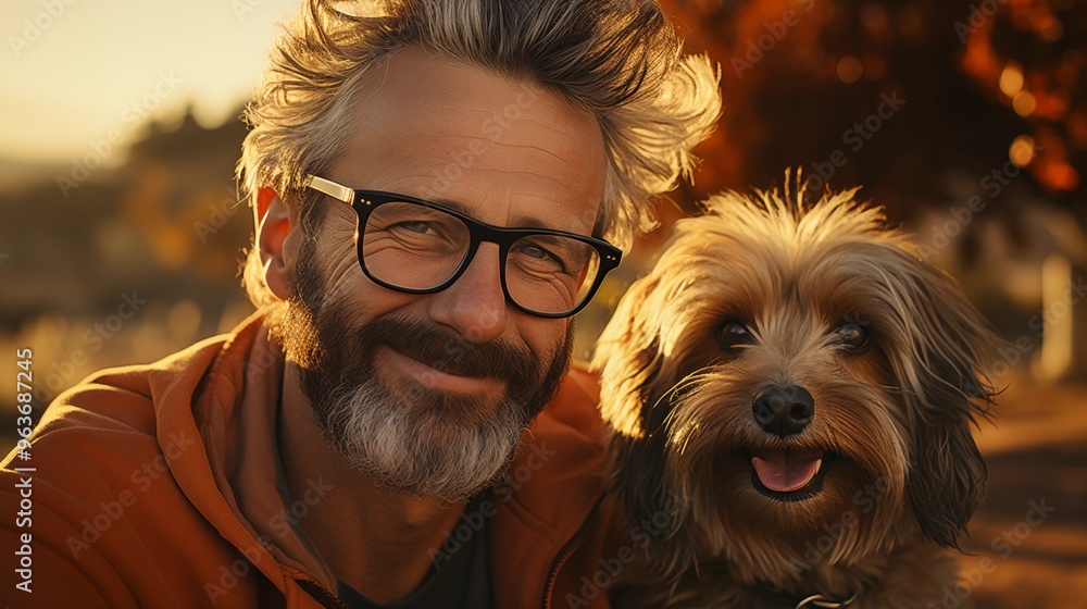 Portrait of happy senior man in eyeglasses with dog in park Portrait of happy senior man in eyeglasses with dog in park