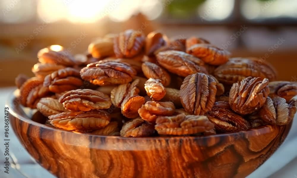 Wooden bowl filled with pecans, Video Wooden bowl filled with pecans, Video